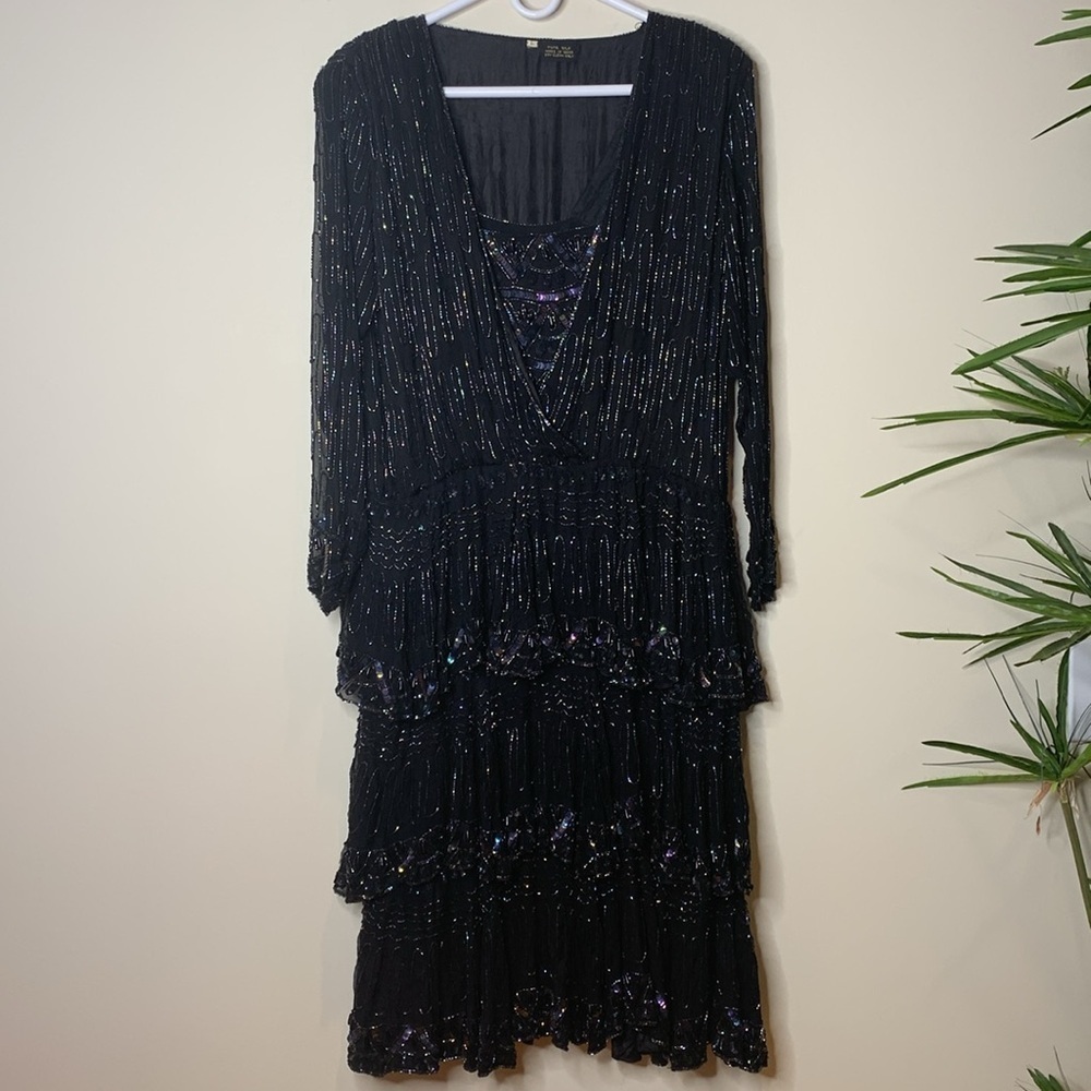 Vintage India Silk Black Beaded Sequin Cocktail Tiered Ruffle Art Deco Dress L - Picture 1 of 15